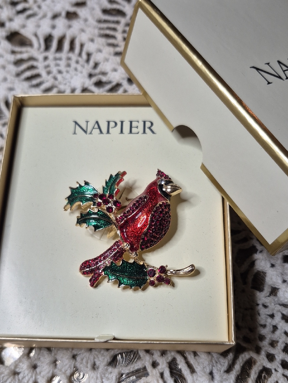 Napier Red and Green Cardinal Brooch with Red Rhinestones